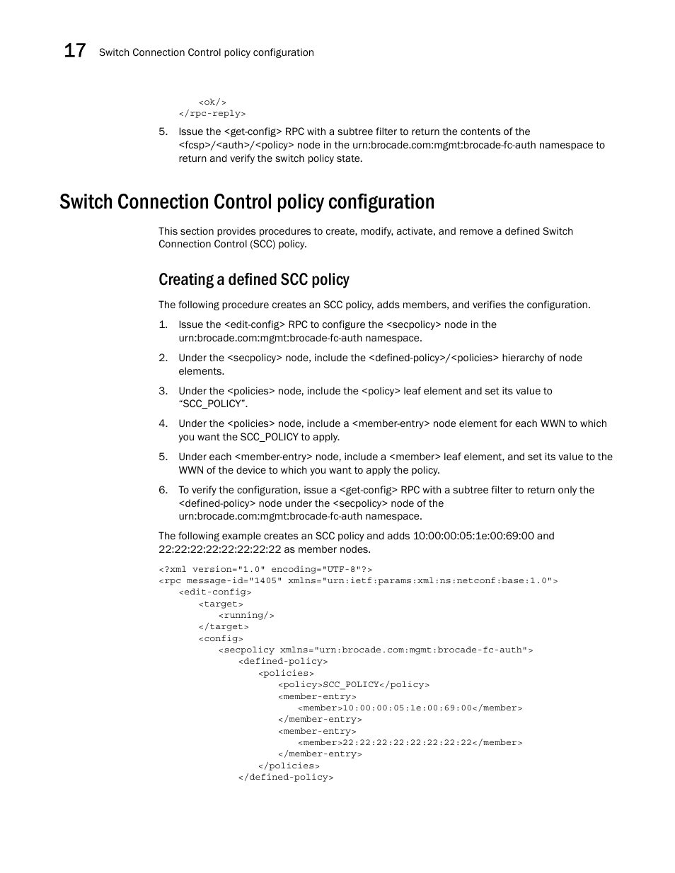 Switch connection control policy configuration, Creating a defined scc policy | Brocade Network OS NETCONF Operations Guide v4.1.1 User Manual | Page 260 / 622