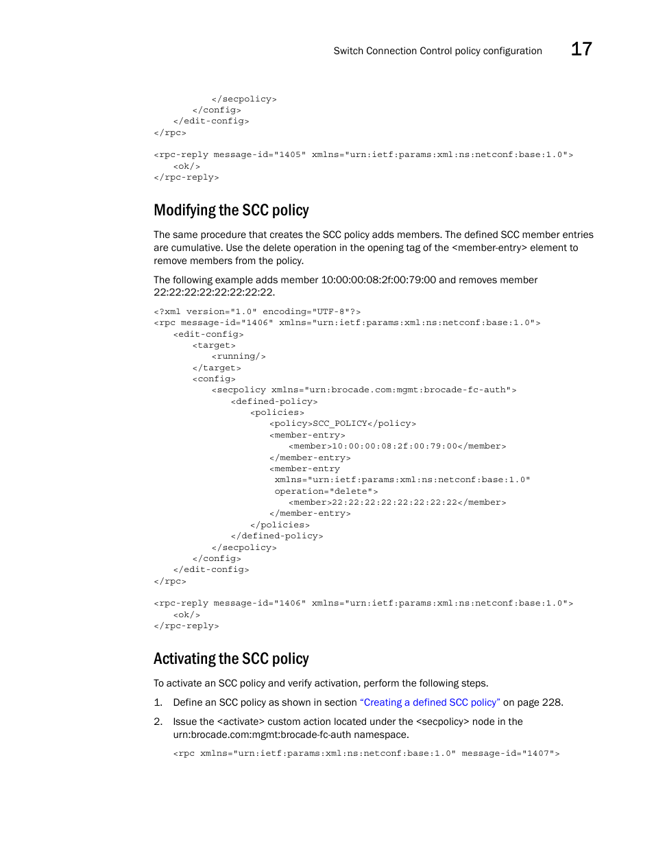 Modifying the scc policy, Activating the scc policy | Brocade Network OS NETCONF Operations Guide v4.1.1 User Manual | Page 261 / 622