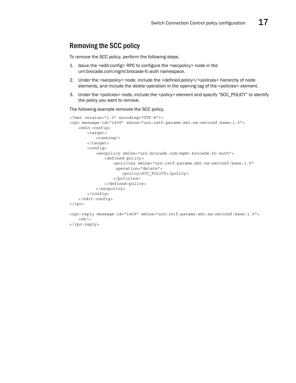 Removing the scc policy | Brocade Network OS NETCONF Operations Guide v4.1.1 User Manual | Page 263 / 622