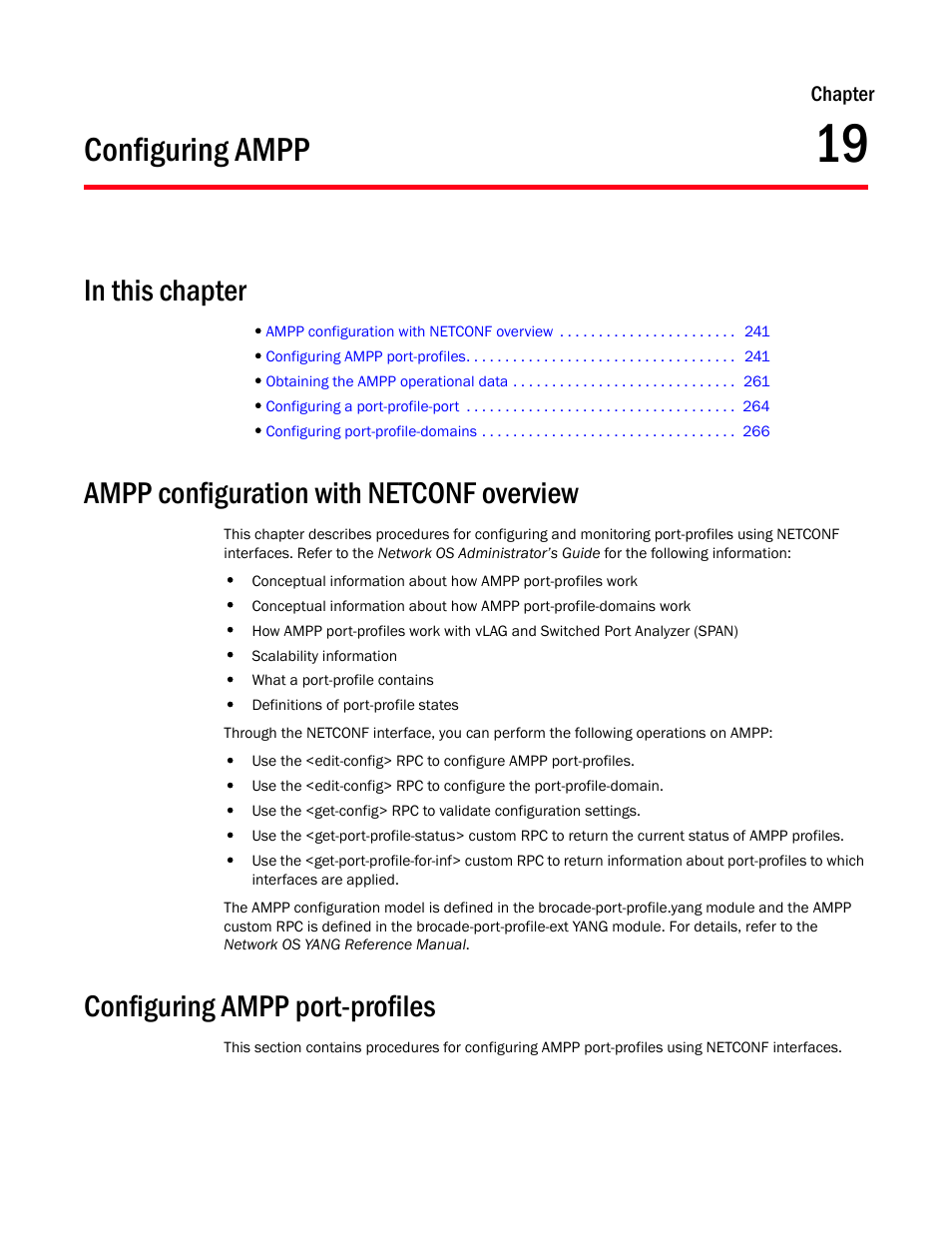 Configuring ampp, In this chapter, Ampp configuration with netconf overview | Configuring ampp port-profiles, Chapter 19, Chapter 19, “configuring ampp | Brocade Network OS NETCONF Operations Guide v4.1.1 User Manual | Page 273 / 622