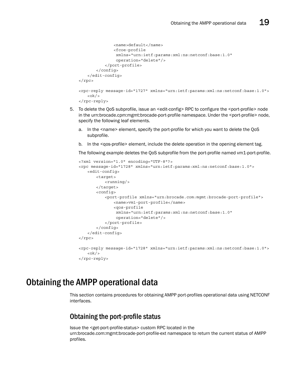 Obtaining the ampp operational data, Obtaining the port-profile status | Brocade Network OS NETCONF Operations Guide v4.1.1 User Manual | Page 293 / 622