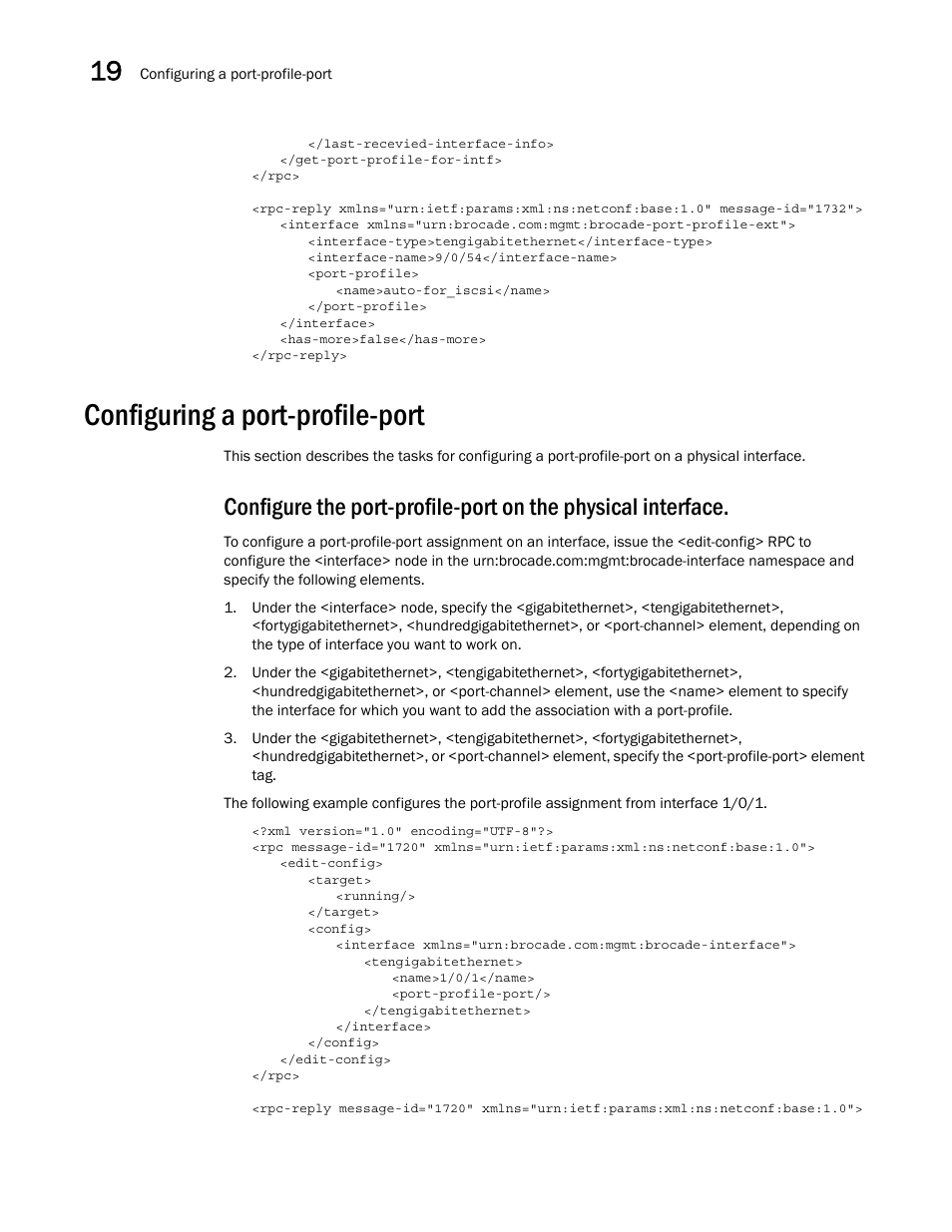 Configuring a port-profile-port | Brocade Network OS NETCONF Operations Guide v4.1.1 User Manual | Page 296 / 622