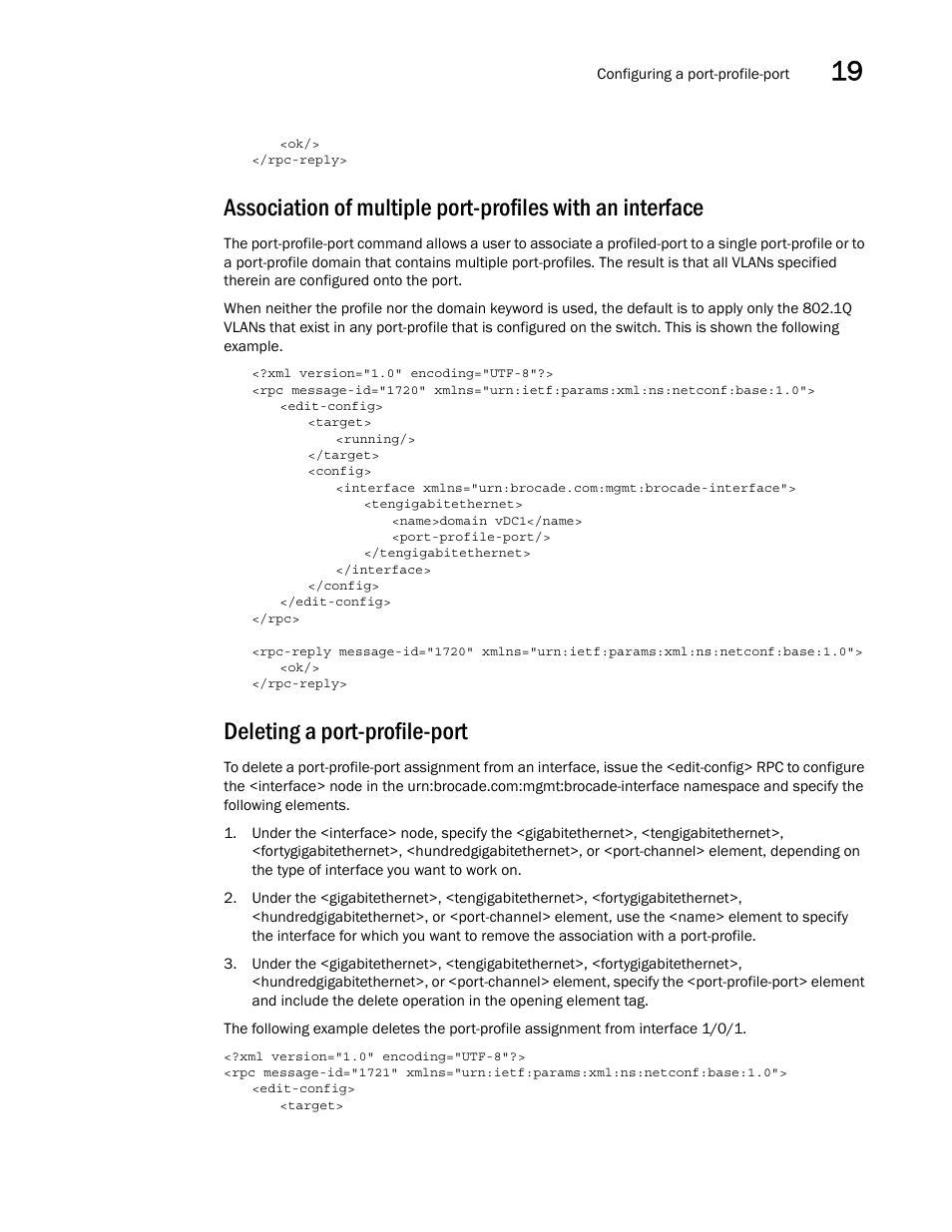 Deleting a port-profile-port | Brocade Network OS NETCONF Operations Guide v4.1.1 User Manual | Page 297 / 622
