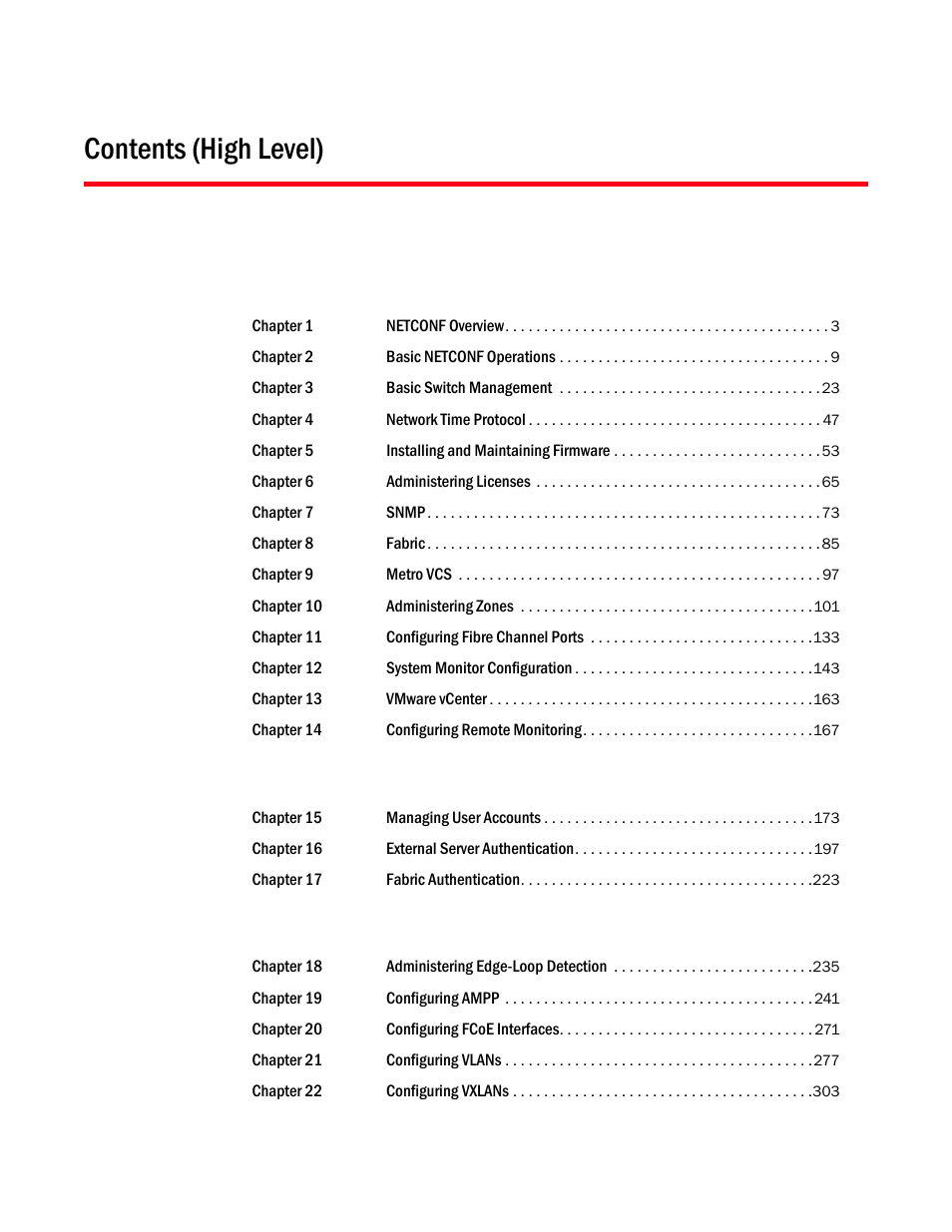 Contents (high level) | Brocade Network OS NETCONF Operations Guide v4.1.1 User Manual | Page 3 / 622