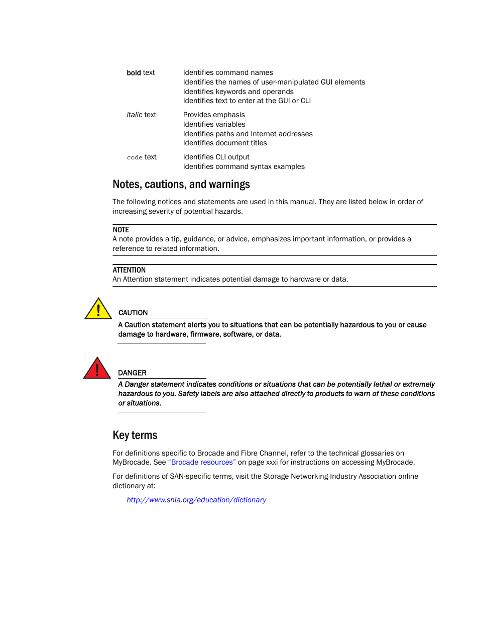 Notes, cautions, and warnings, Key terms | Brocade Network OS NETCONF Operations Guide v4.1.1 User Manual | Page 30 / 622