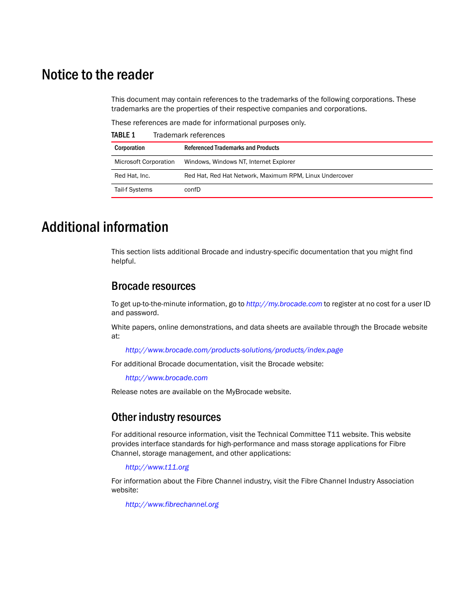 Notice to the reader, Additional information, Brocade resources | Other industry resources, Table 1 | Brocade Network OS NETCONF Operations Guide v4.1.1 User Manual | Page 31 / 622