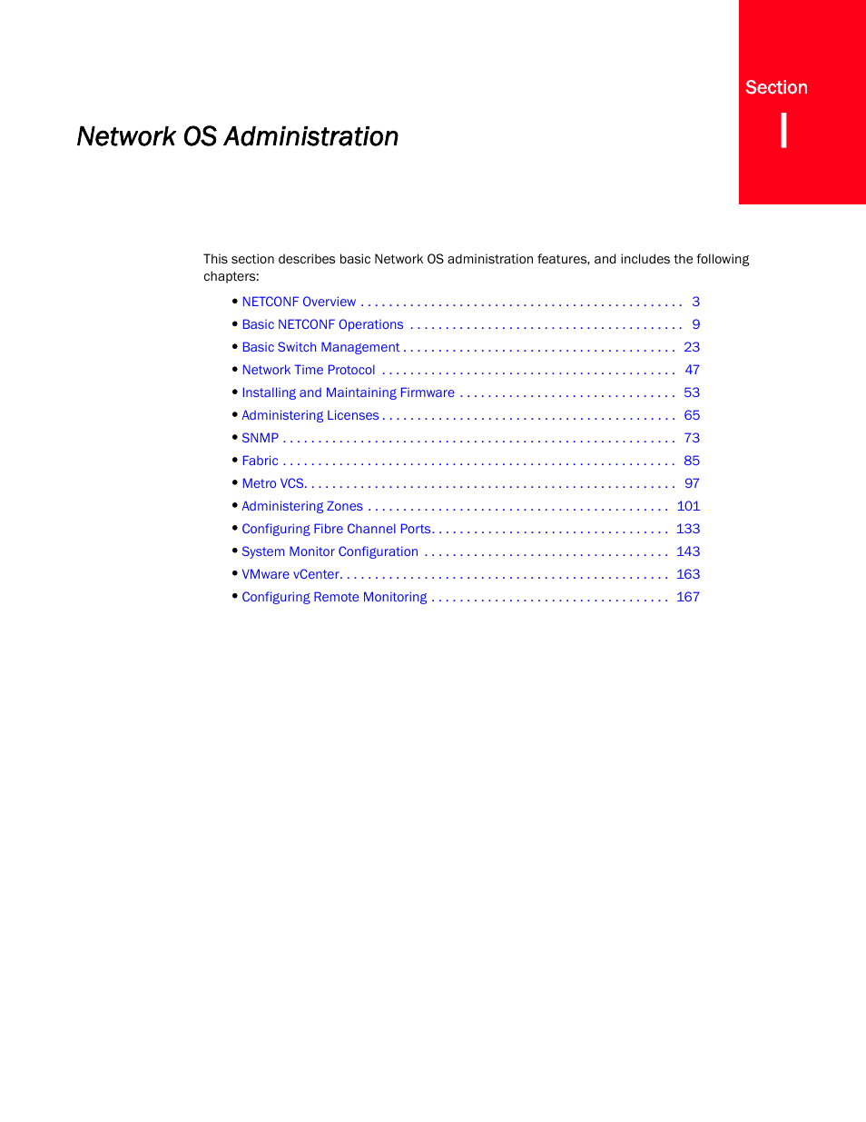 Network os administration, Section i | Brocade Network OS NETCONF Operations Guide v4.1.1 User Manual | Page 33 / 622