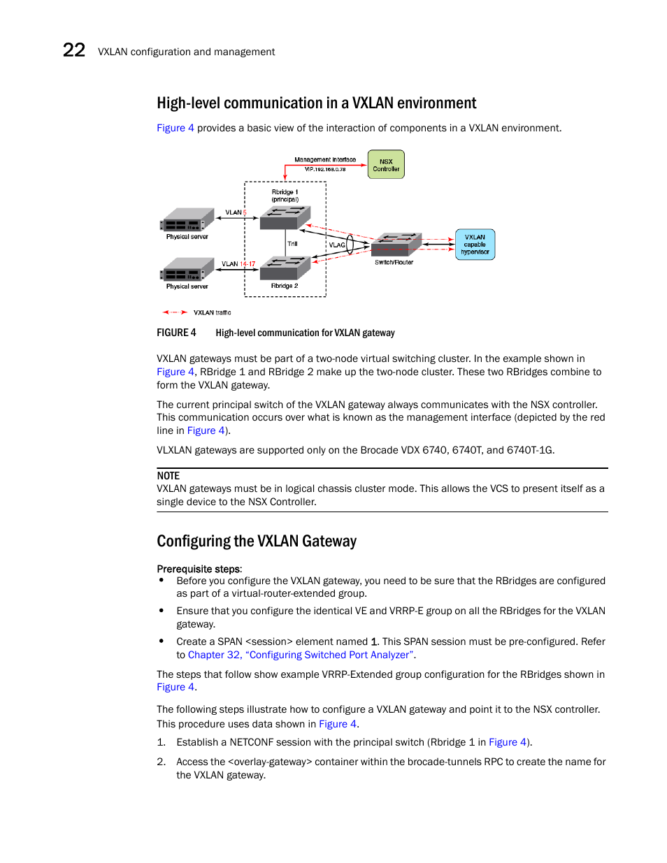 High-level communication in a vxlan environment, Configuring the vxlan gateway, Figure 4 | High-level communication for vxla | Brocade Network OS NETCONF Operations Guide v4.1.1 User Manual | Page 336 / 622