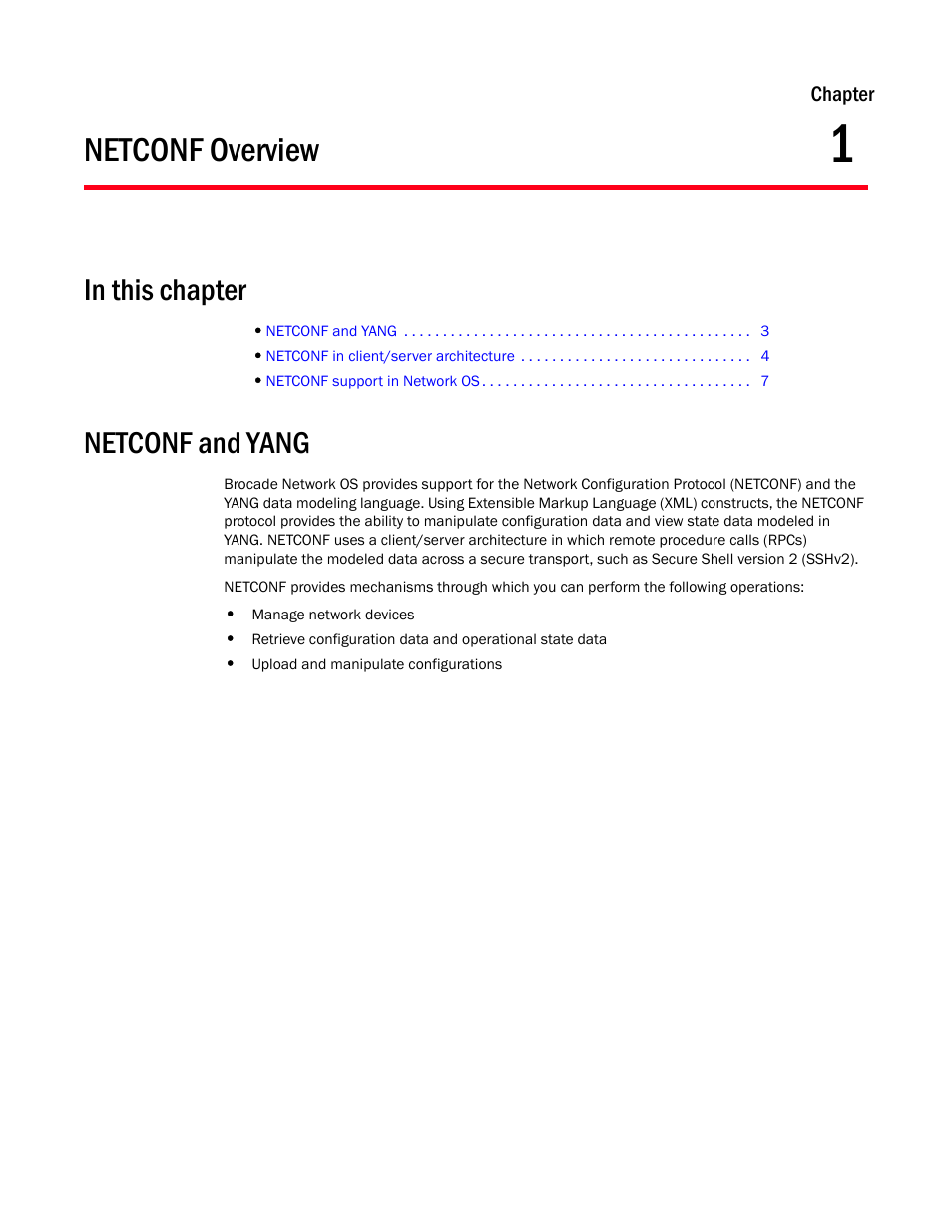 Netconf overview, In this chapter, Netconf and yang | Chapter 1, Chapter 1, “netconf overview | Brocade Network OS NETCONF Operations Guide v4.1.1 User Manual | Page 35 / 622