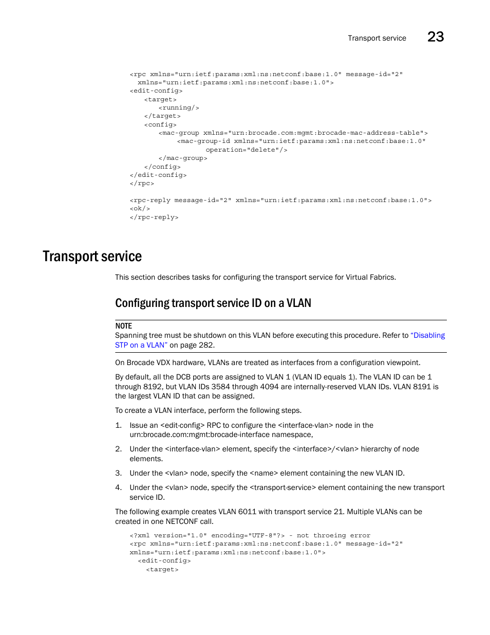 Transport service, Configuring transport service id on a vlan | Brocade Network OS NETCONF Operations Guide v4.1.1 User Manual | Page 359 / 622