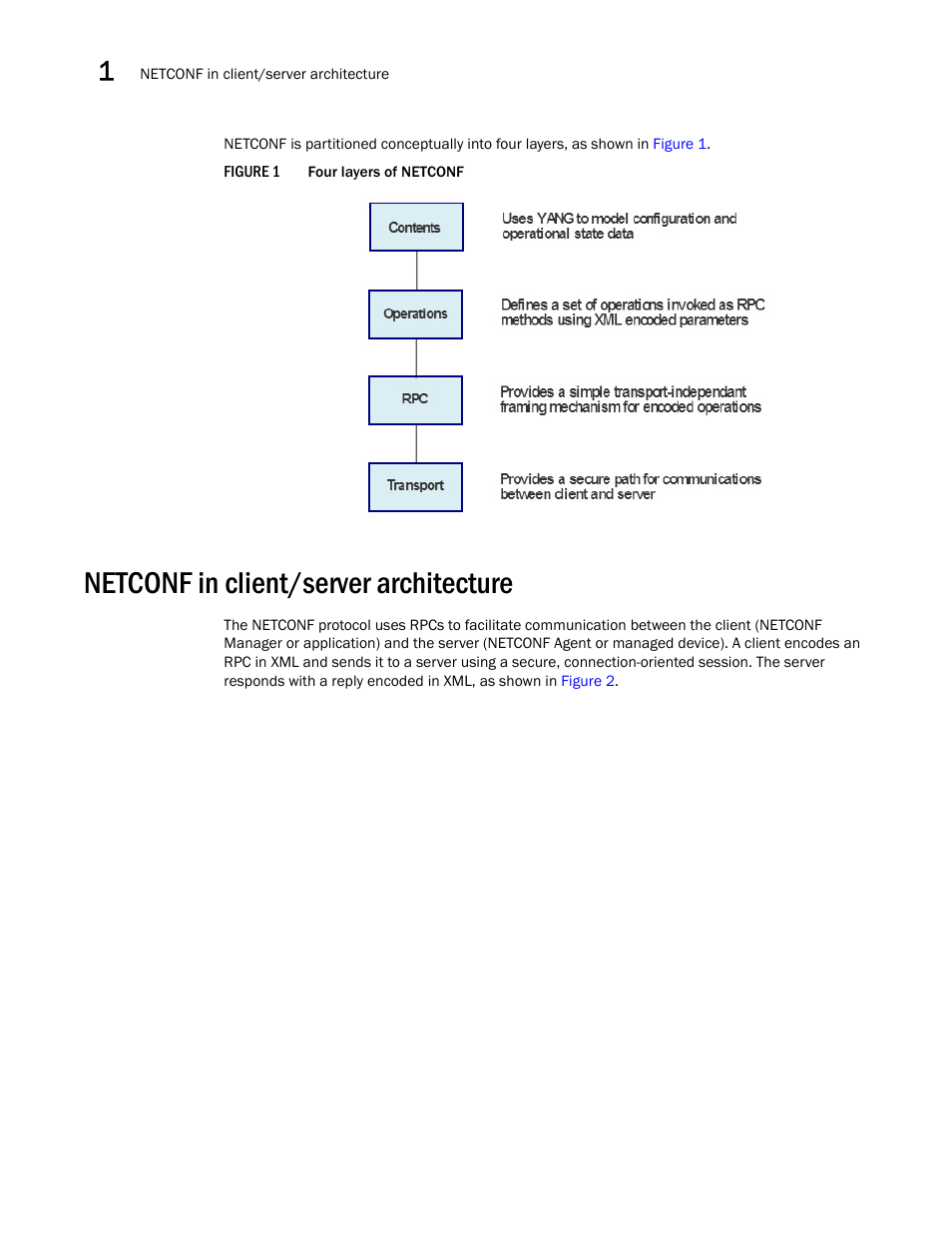 Netconf in client/server architecture, Figure 1, Four laye | Brocade Network OS NETCONF Operations Guide v4.1.1 User Manual | Page 36 / 622