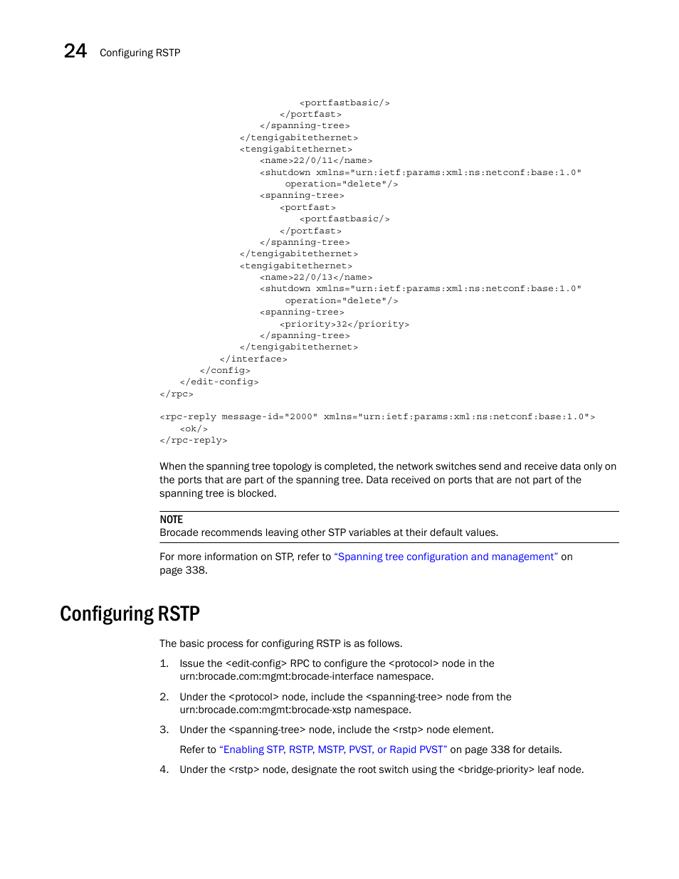 Configuring rstp | Brocade Network OS NETCONF Operations Guide v4.1.1 User Manual | Page 364 / 622