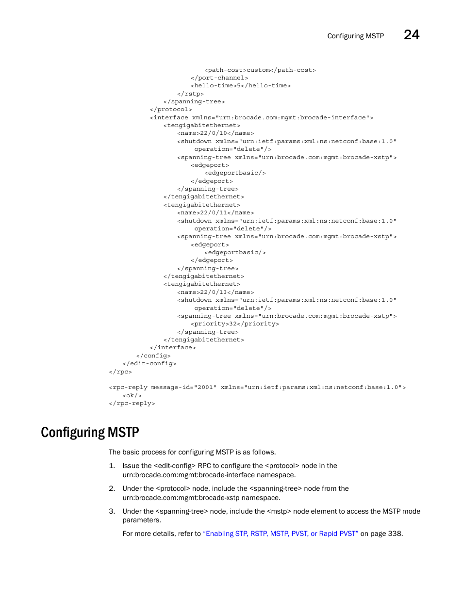 Configuring mstp | Brocade Network OS NETCONF Operations Guide v4.1.1 User Manual | Page 367 / 622