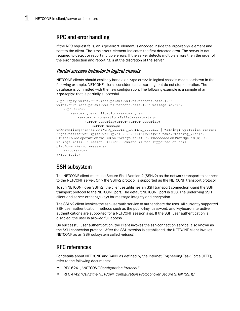 Rpc and error handling, Partial success behavior in logical chassis, Ssh subsystem | Rfc references | Brocade Network OS NETCONF Operations Guide v4.1.1 User Manual | Page 38 / 622
