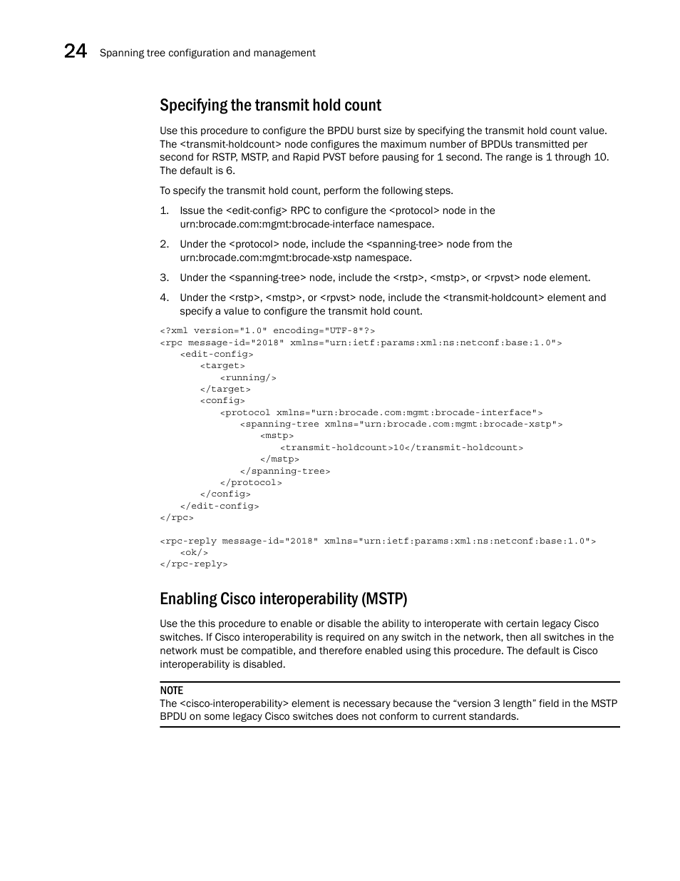Specifying the transmit hold count, Enabling cisco interoperability (mstp) | Brocade Network OS NETCONF Operations Guide v4.1.1 User Manual | Page 382 / 622