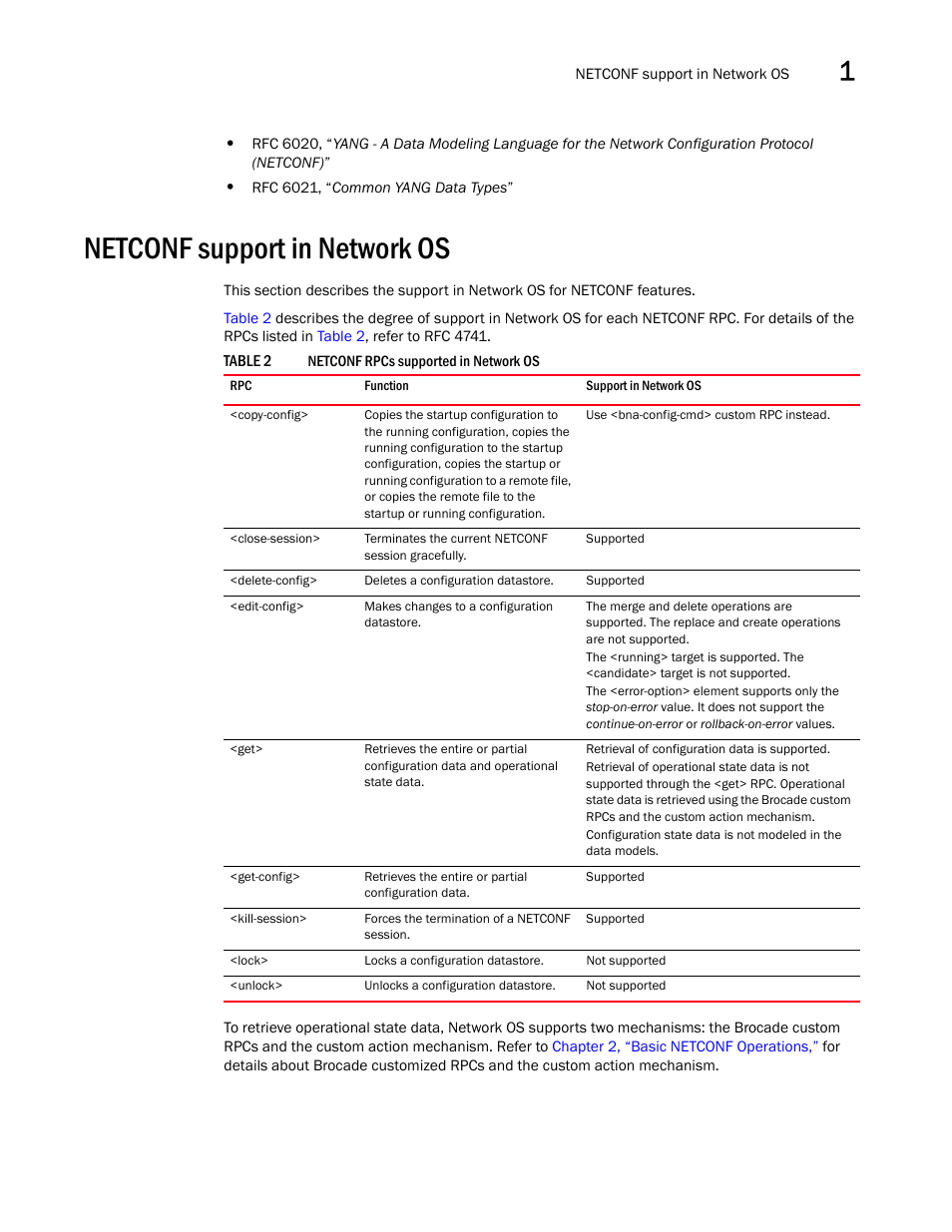 Netconf support in network os, Table 2 | Brocade Network OS NETCONF Operations Guide v4.1.1 User Manual | Page 39 / 622