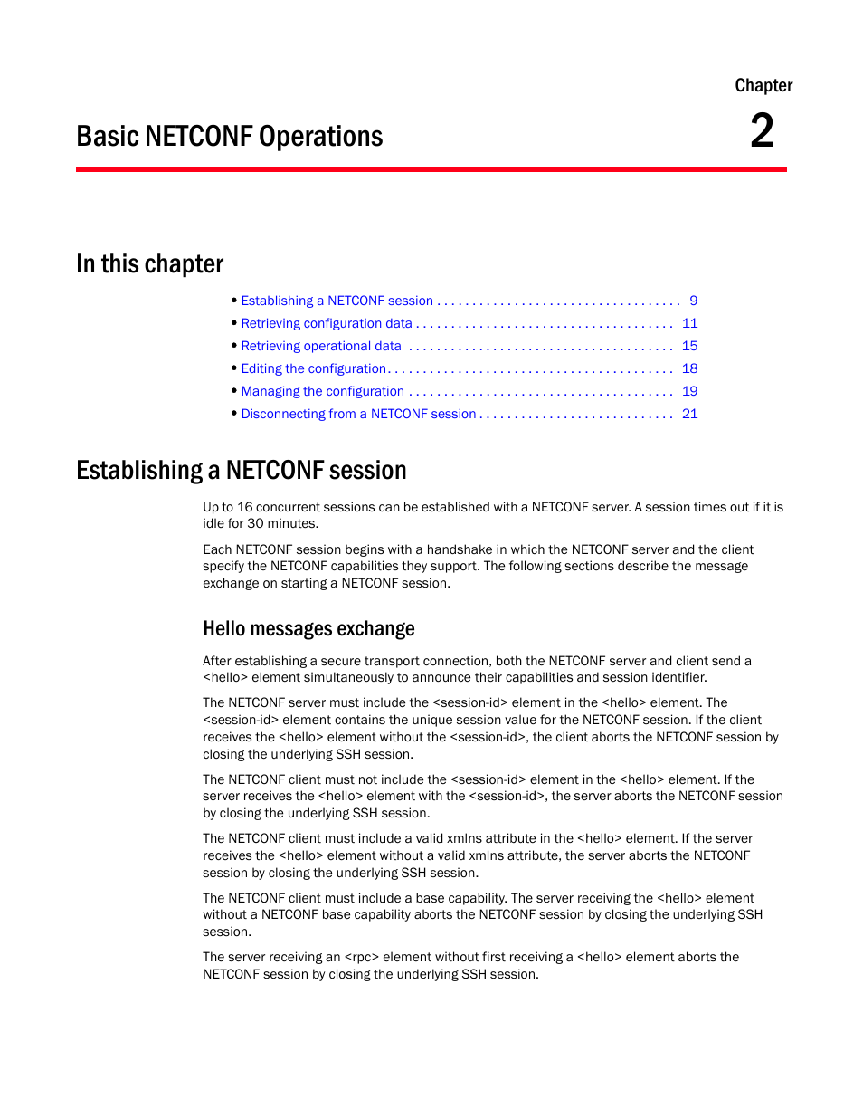 Basic netconf operations, In this chapter, Establishing a netconf session | Hello messages exchange, Chapter 2, Chapter 2, “basic netconf operations | Brocade Network OS NETCONF Operations Guide v4.1.1 User Manual | Page 41 / 622