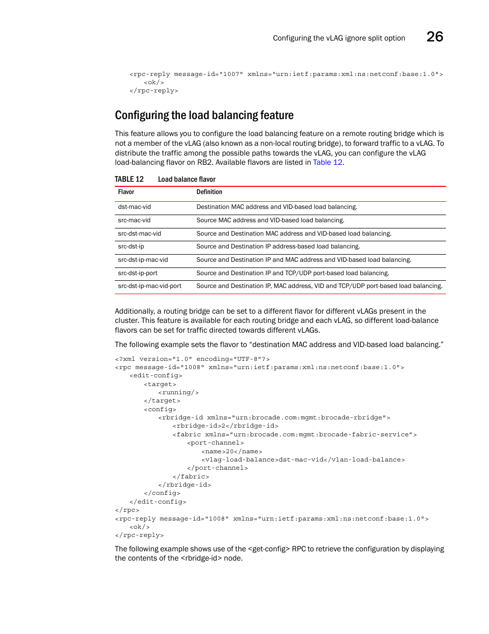 Configuring the load balancing feature, Table 12 | Brocade Network OS NETCONF Operations Guide v4.1.1 User Manual | Page 415 / 622