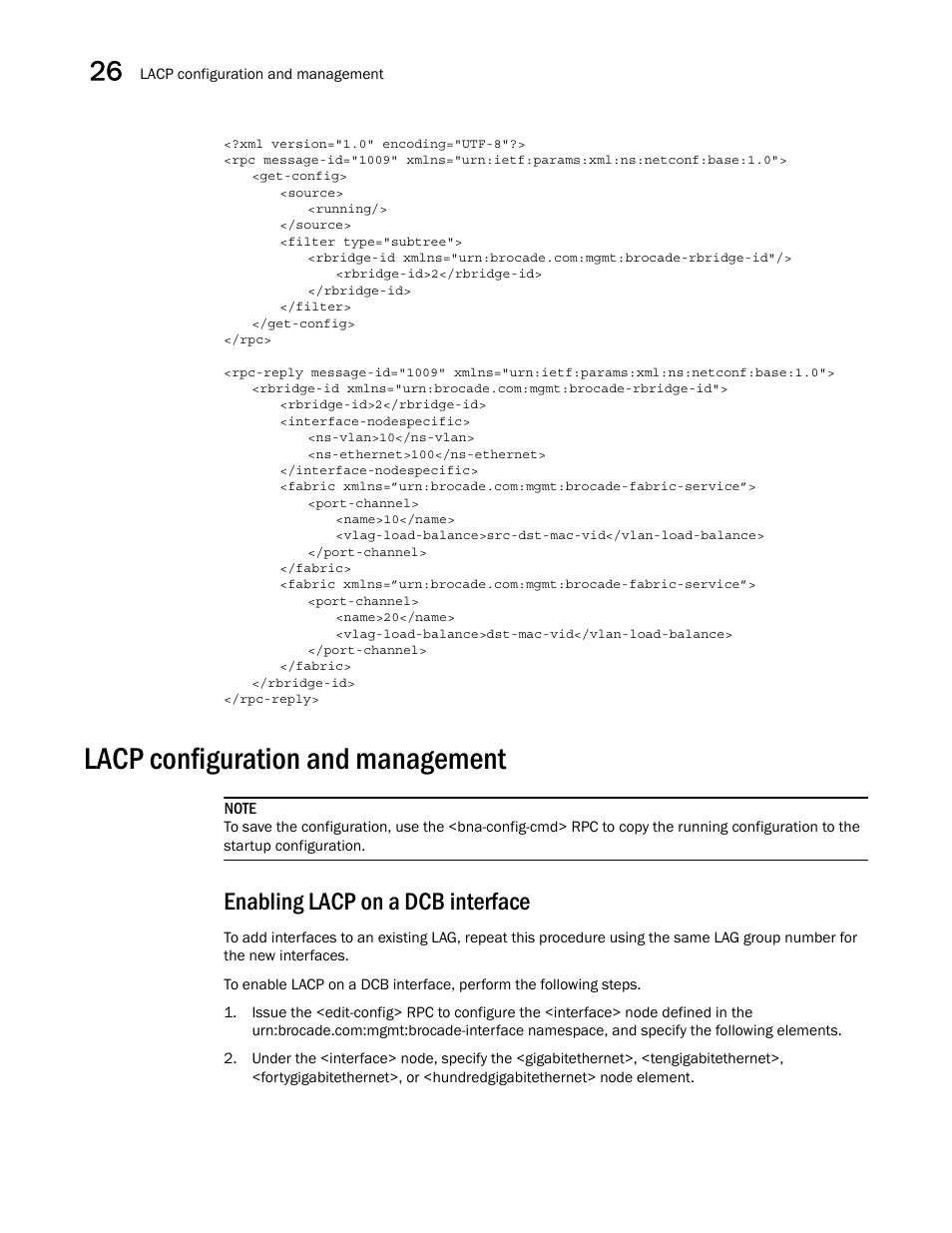 Lacp configuration and management, Enabling lacp on a dcb interface | Brocade Network OS NETCONF Operations Guide v4.1.1 User Manual | Page 416 / 622