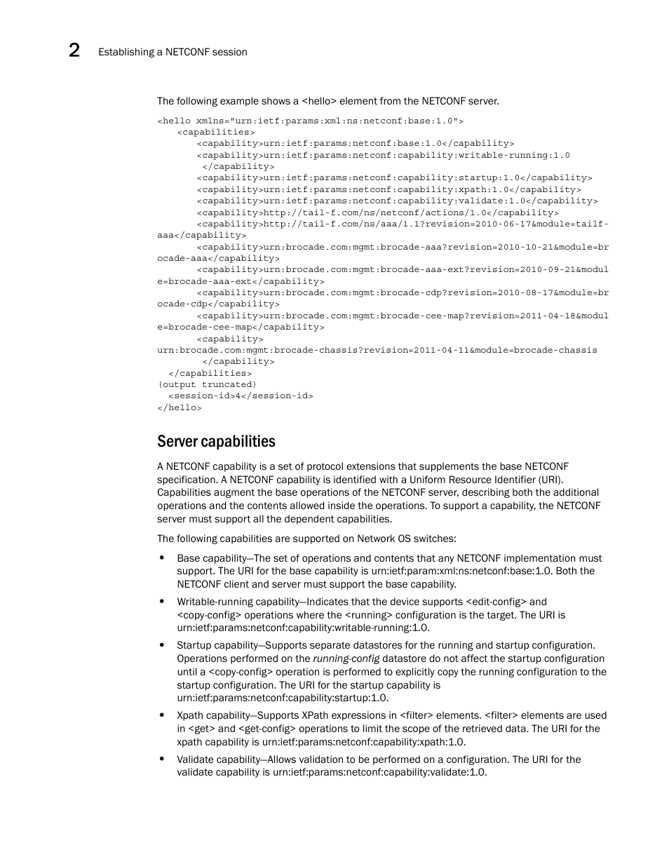 Server capabilities | Brocade Network OS NETCONF Operations Guide v4.1.1 User Manual | Page 42 / 622