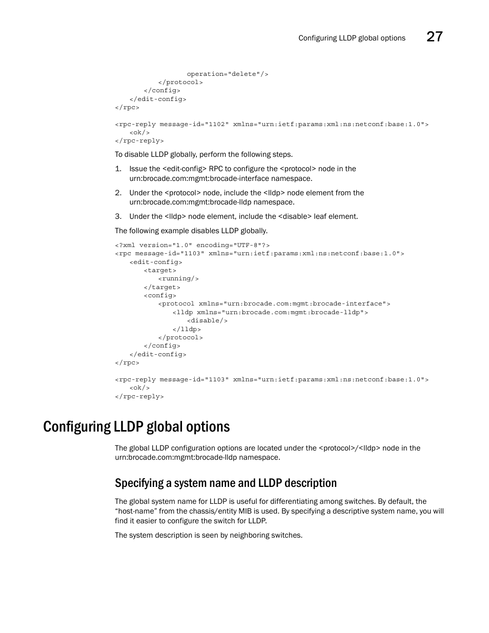 Configuring lldp global options, Specifying a system name and lldp description | Brocade Network OS NETCONF Operations Guide v4.1.1 User Manual | Page 423 / 622