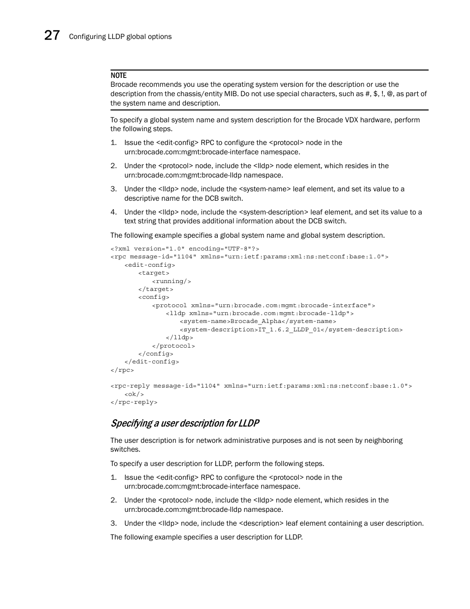 Specifying a user description for lldp | Brocade Network OS NETCONF Operations Guide v4.1.1 User Manual | Page 424 / 622