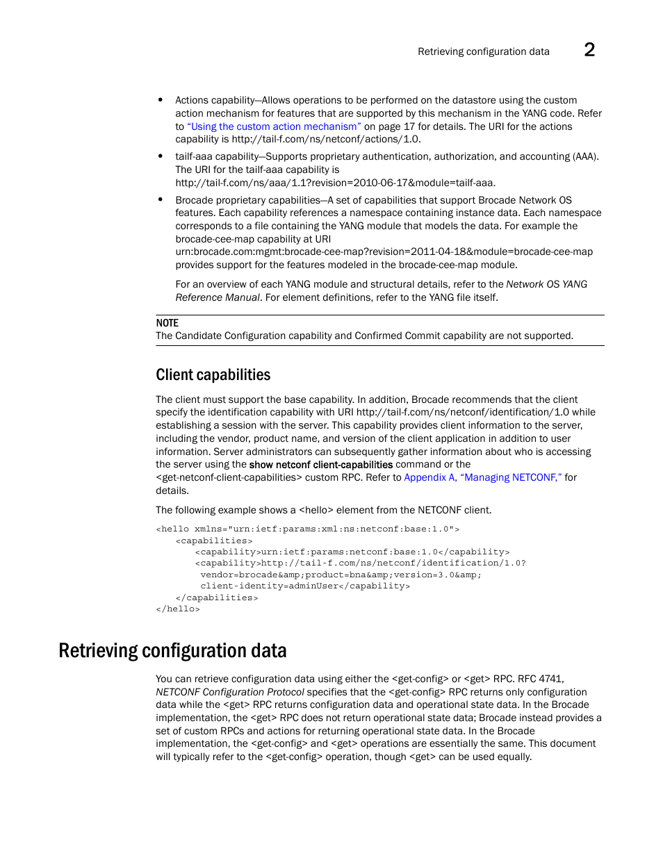 Client capabilities, Retrieving configuration data | Brocade Network OS NETCONF Operations Guide v4.1.1 User Manual | Page 43 / 622