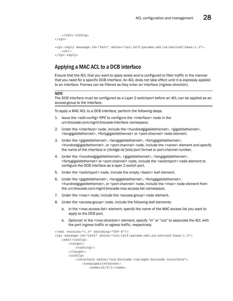 Applying a mac acl to a dcb interface, Applying a mac, Acl to a dcb interface | Brocade Network OS NETCONF Operations Guide v4.1.1 User Manual | Page 441 / 622