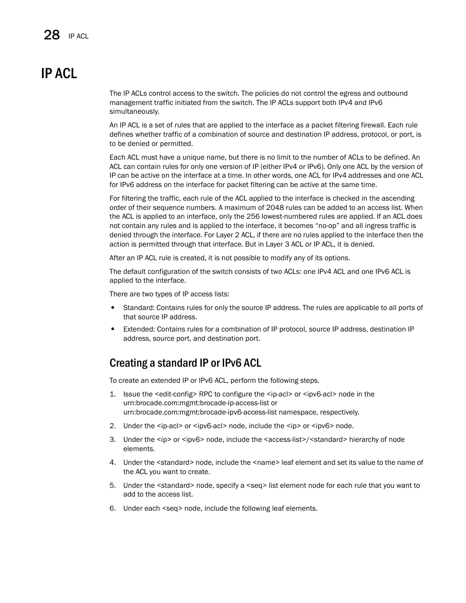 Ip acl, Creating a standard ip or ipv6 acl | Brocade Network OS NETCONF Operations Guide v4.1.1 User Manual | Page 446 / 622