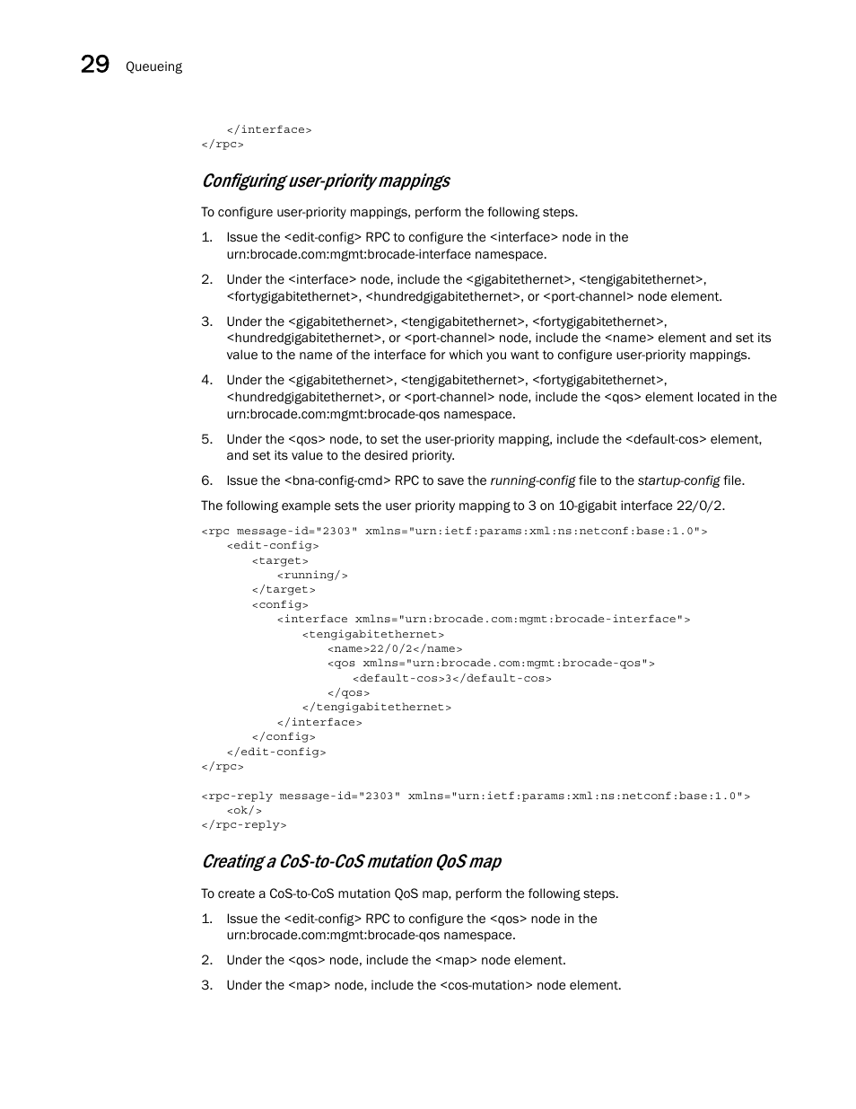 Configuring user-priority mappings, Creating a cos-to-cos mutation qos map | Brocade Network OS NETCONF Operations Guide v4.1.1 User Manual | Page 456 / 622