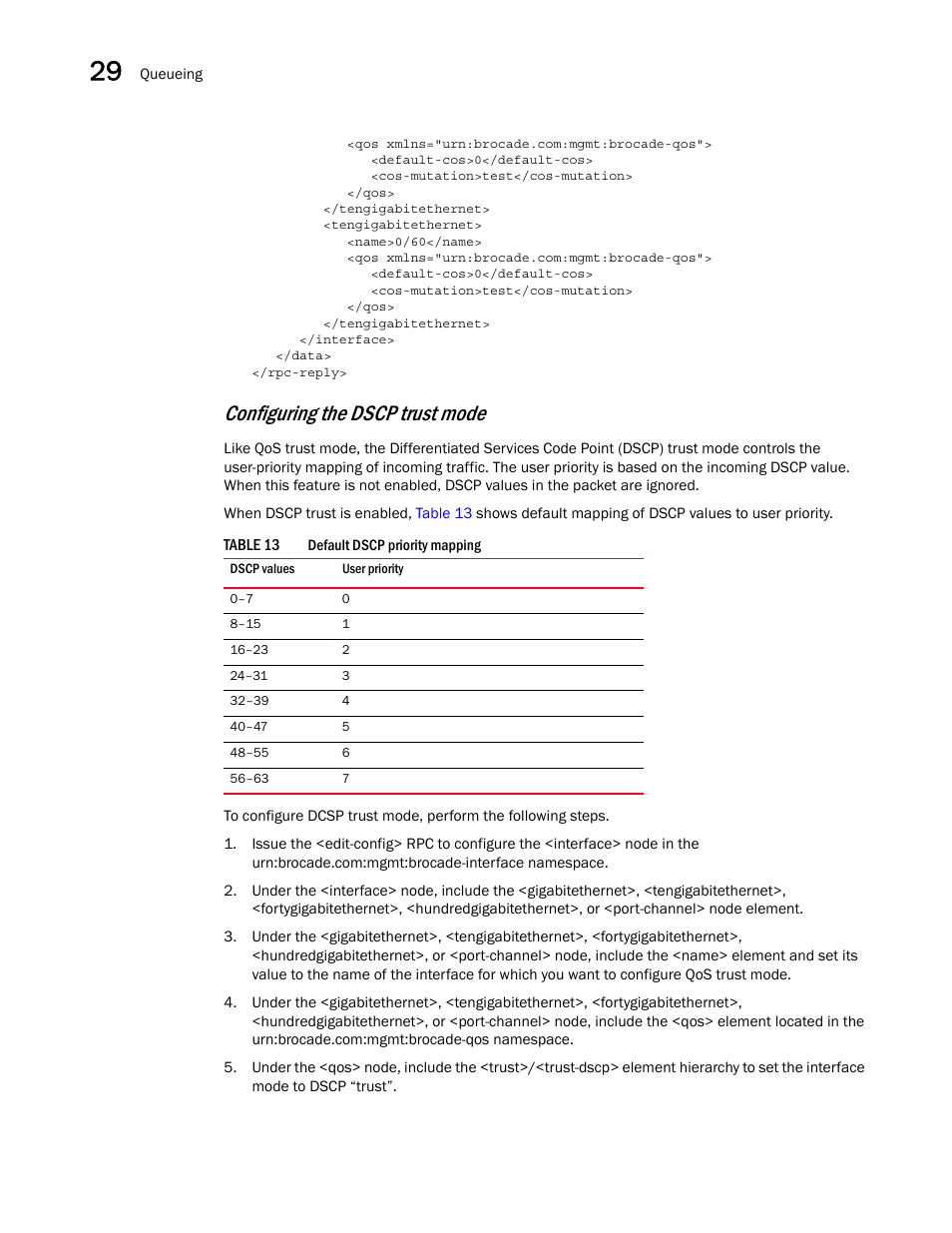 Table 13, Configuring the dscp trust mode | Brocade Network OS NETCONF Operations Guide v4.1.1 User Manual | Page 460 / 622