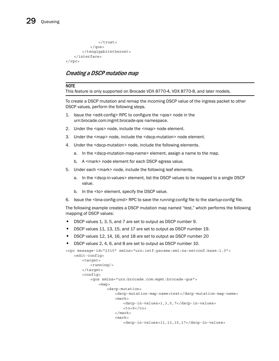 Creating a dscp mutation map | Brocade Network OS NETCONF Operations Guide v4.1.1 User Manual | Page 462 / 622