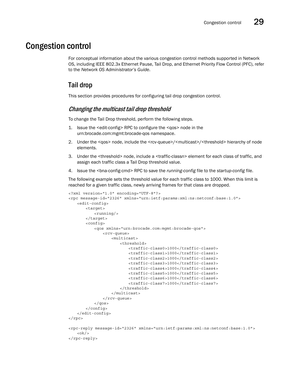 Congestion control, Tail drop, Changing the multicast tail drop threshold | Brocade Network OS NETCONF Operations Guide v4.1.1 User Manual | Page 477 / 622
