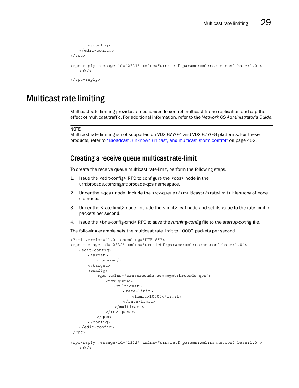 Multicast rate limiting, Creating a receive queue multicast rate-limit | Brocade Network OS NETCONF Operations Guide v4.1.1 User Manual | Page 483 / 622