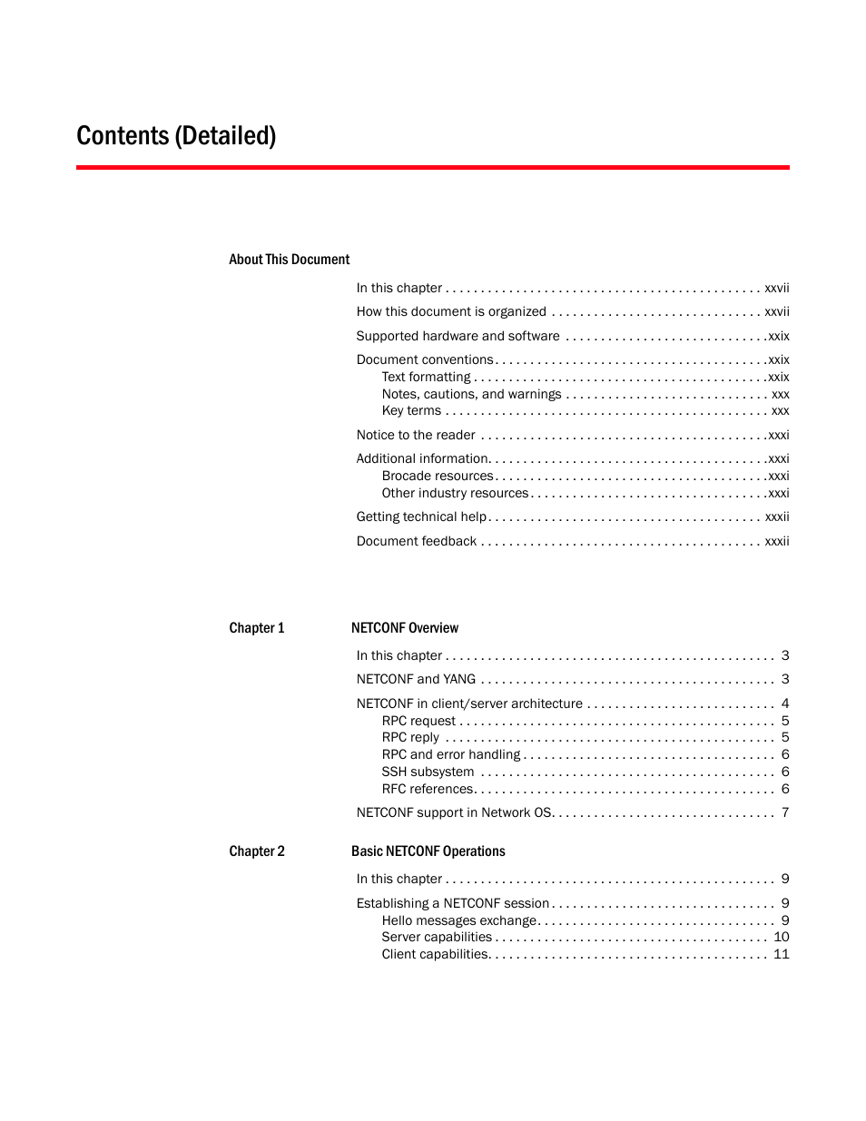 Contents (detailed) | Brocade Network OS NETCONF Operations Guide v4.1.1 User Manual | Page 5 / 622