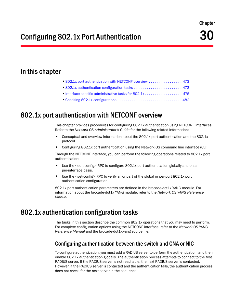 Configuring 802.1x port authentication, In this chapter, 1x port authentication with netconf overview | 1x authentication configuration tasks, Chapter 30 | Brocade Network OS NETCONF Operations Guide v4.1.1 User Manual | Page 505 / 622