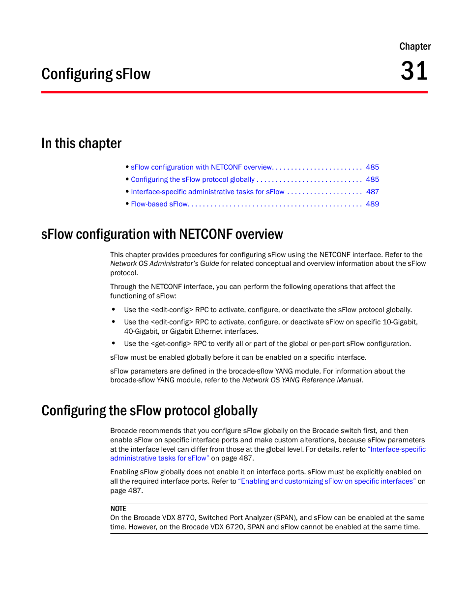 Configuring sflow, In this chapter, Sflow configuration with netconf overview | Configuring the sflow protocol globally, Chapter 31, Chapter 31, “configuring sflow | Brocade Network OS NETCONF Operations Guide v4.1.1 User Manual | Page 517 / 622
