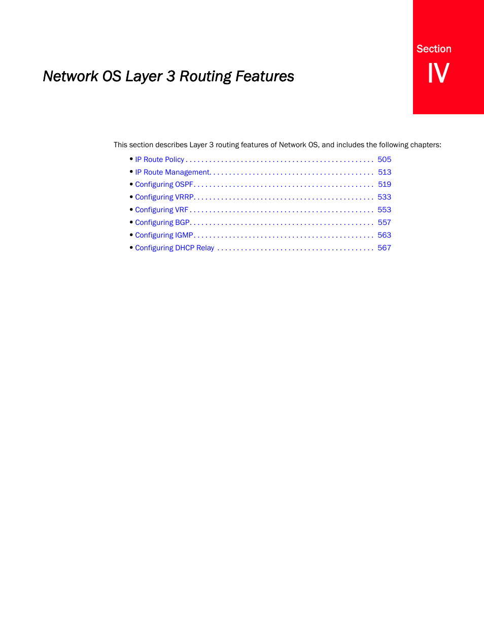 Network os layer 3 routing features, Section iv | Brocade Network OS NETCONF Operations Guide v4.1.1 User Manual | Page 535 / 622