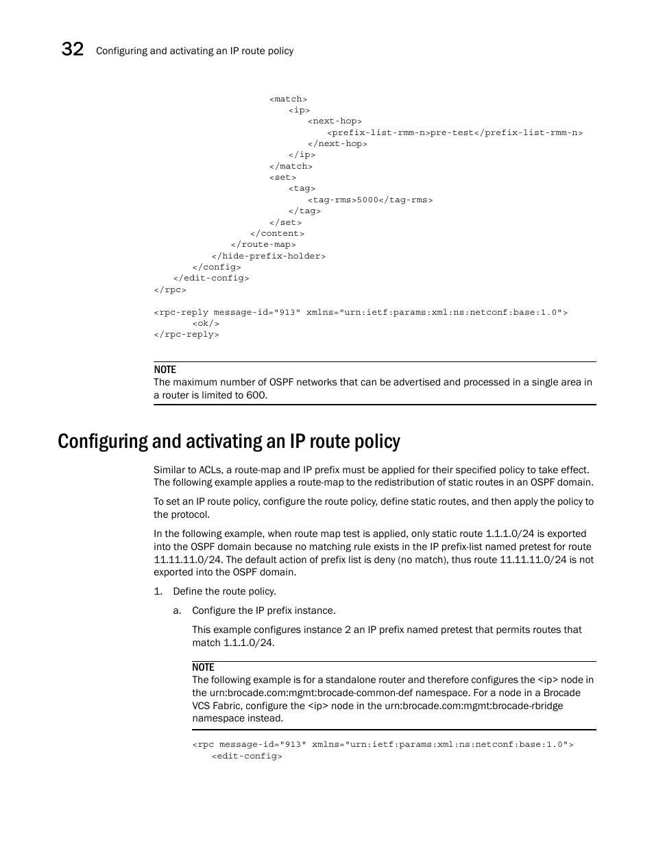 Configuring and activating an ip route policy | Brocade Network OS NETCONF Operations Guide v4.1.1 User Manual | Page 540 / 622