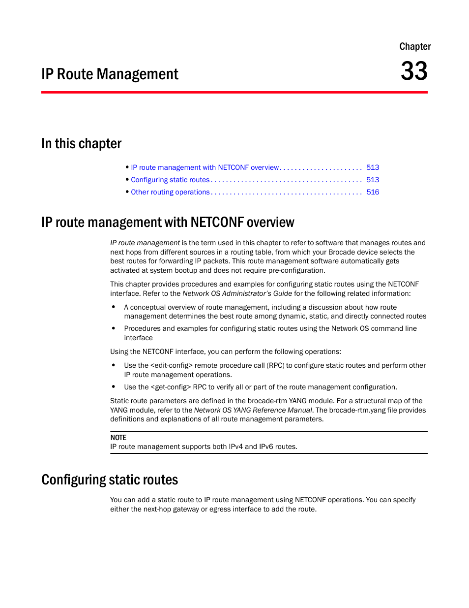 Ip route management, In this chapter, Ip route management with netconf overview | Configuring static routes, Chapter 33, Chapter 33, “ip route management | Brocade Network OS NETCONF Operations Guide v4.1.1 User Manual | Page 545 / 622