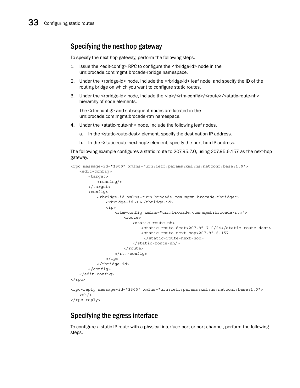 Specifying the next hop gateway, Specifying the egress interface | Brocade Network OS NETCONF Operations Guide v4.1.1 User Manual | Page 546 / 622