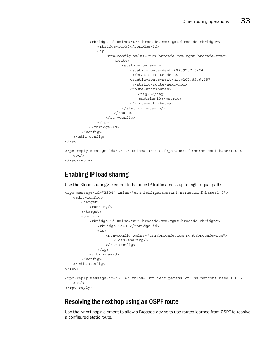Enabling ip load sharing, Resolving the next hop using an ospf route | Brocade Network OS NETCONF Operations Guide v4.1.1 User Manual | Page 549 / 622