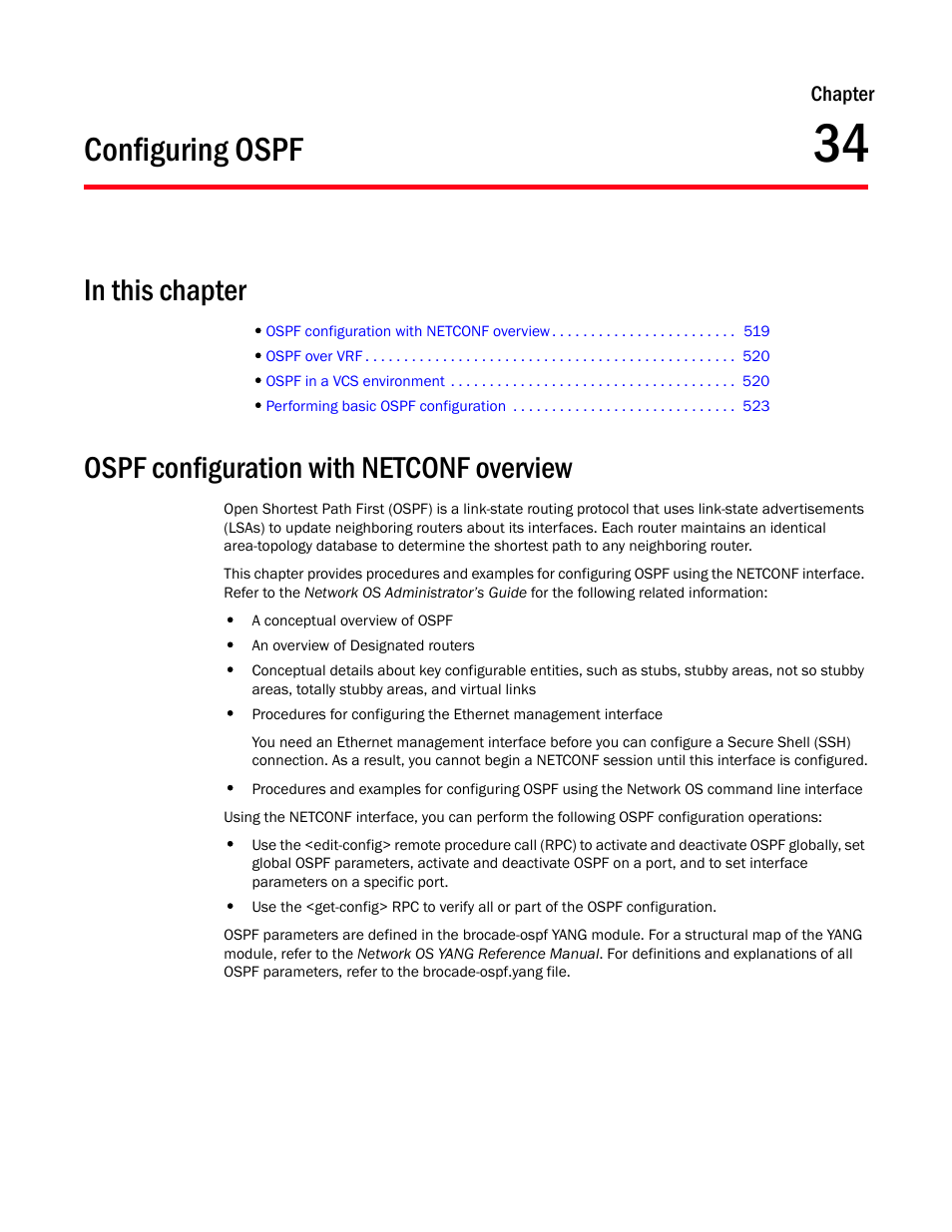 Configuring ospf, In this chapter, Ospf configuration with netconf overview | Chapter 34, Chapter 34, “configuring ospf | Brocade Network OS NETCONF Operations Guide v4.1.1 User Manual | Page 551 / 622