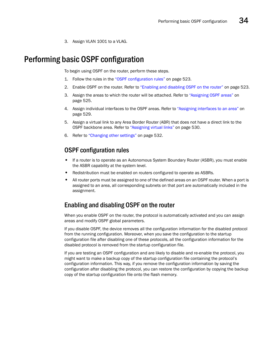 Performing basic ospf configuration, Ospf configuration rules, Enabling and disabling ospf on the router | Brocade Network OS NETCONF Operations Guide v4.1.1 User Manual | Page 555 / 622