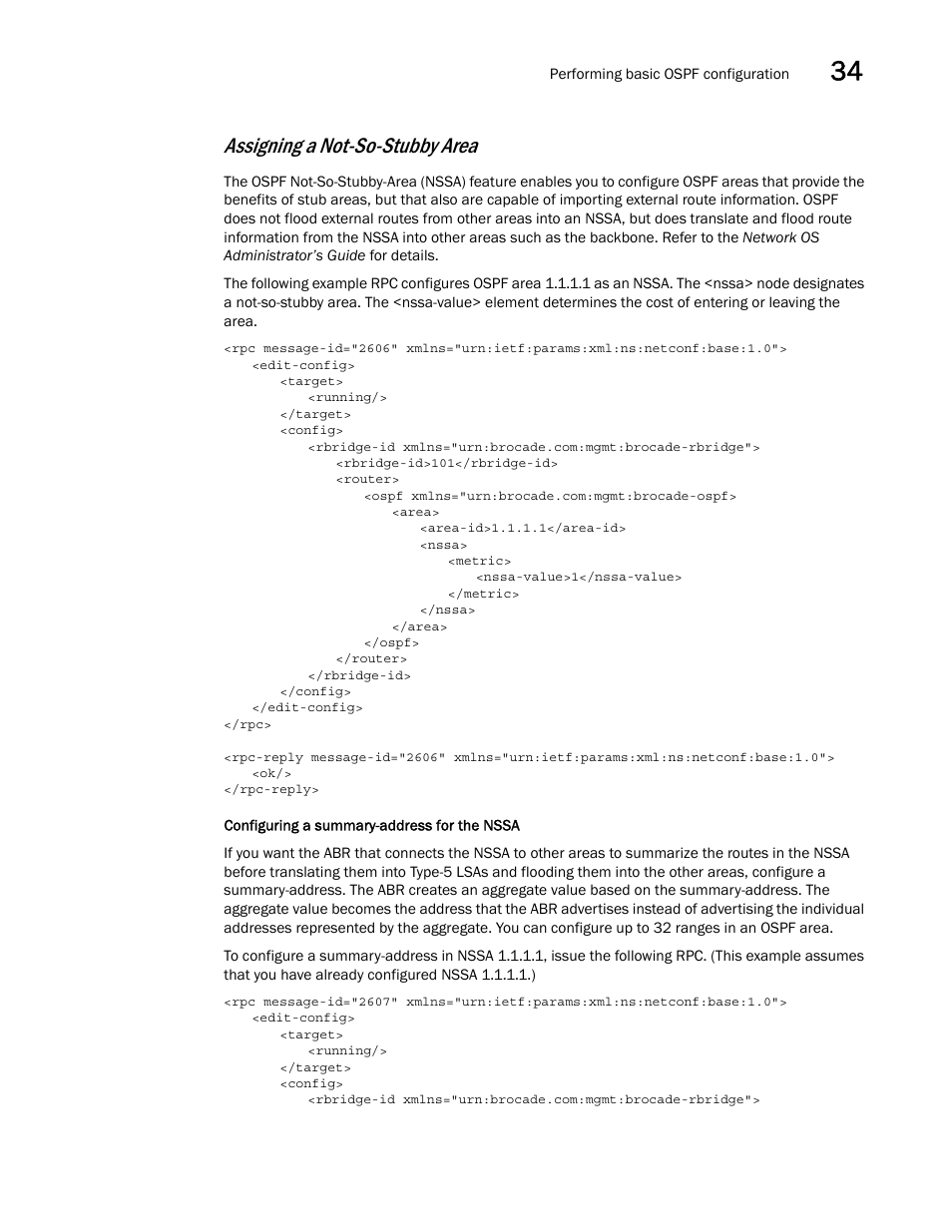 Assigning a not-so-stubby area | Brocade Network OS NETCONF Operations Guide v4.1.1 User Manual | Page 559 / 622