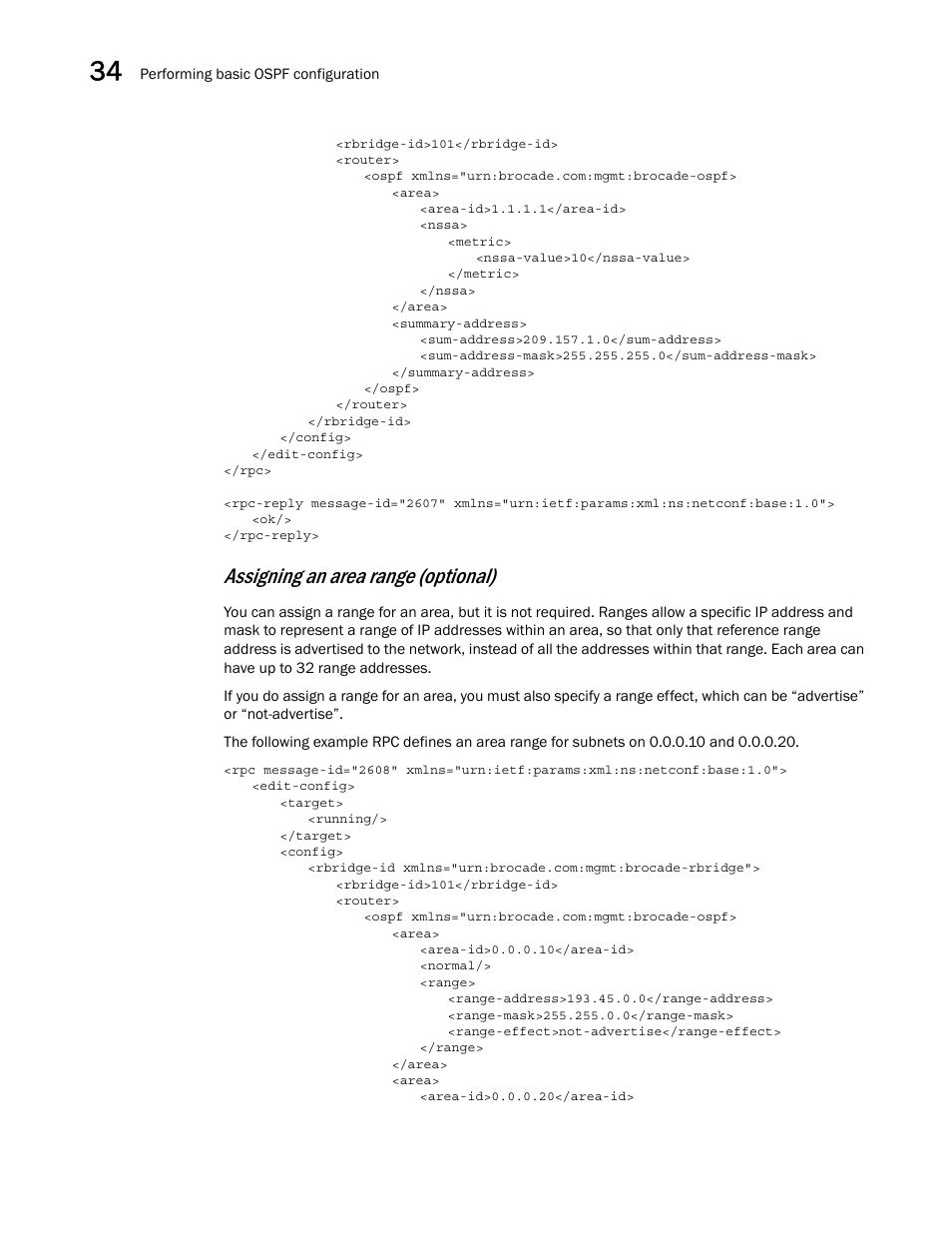 Assigning an area range (optional) | Brocade Network OS NETCONF Operations Guide v4.1.1 User Manual | Page 560 / 622