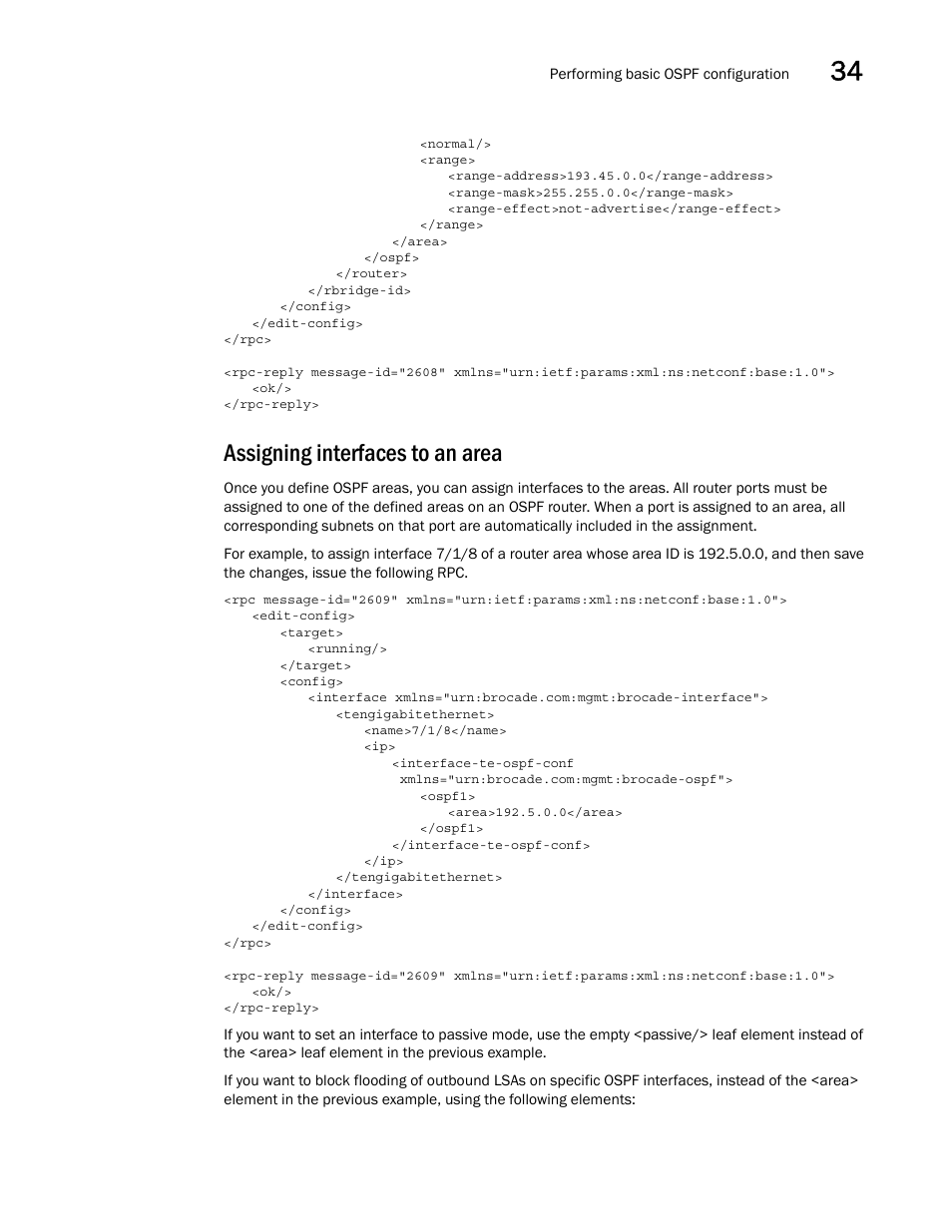 Assigning interfaces to an area | Brocade Network OS NETCONF Operations Guide v4.1.1 User Manual | Page 561 / 622