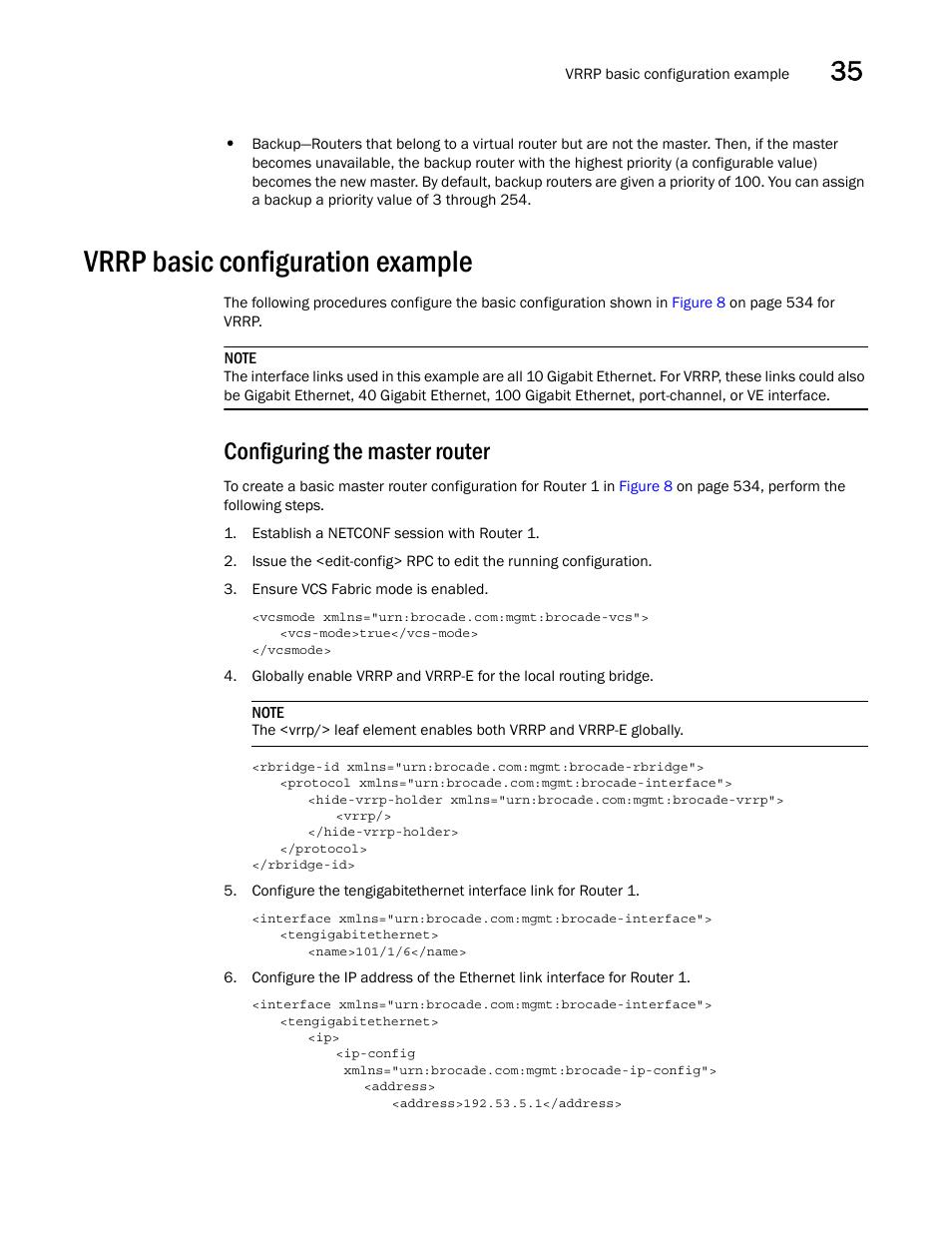 Vrrp basic configuration example, Configuring the master router | Brocade Network OS NETCONF Operations Guide v4.1.1 User Manual | Page 567 / 622