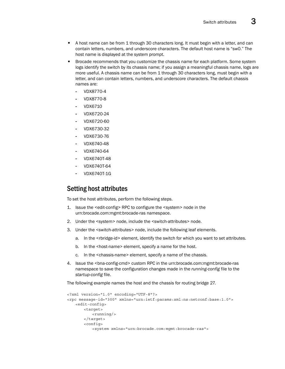 Setting host attributes | Brocade Network OS NETCONF Operations Guide v4.1.1 User Manual | Page 57 / 622