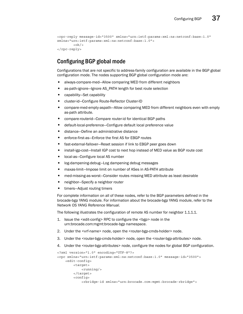 Configuring bgp global mode | Brocade Network OS NETCONF Operations Guide v4.1.1 User Manual | Page 591 / 622